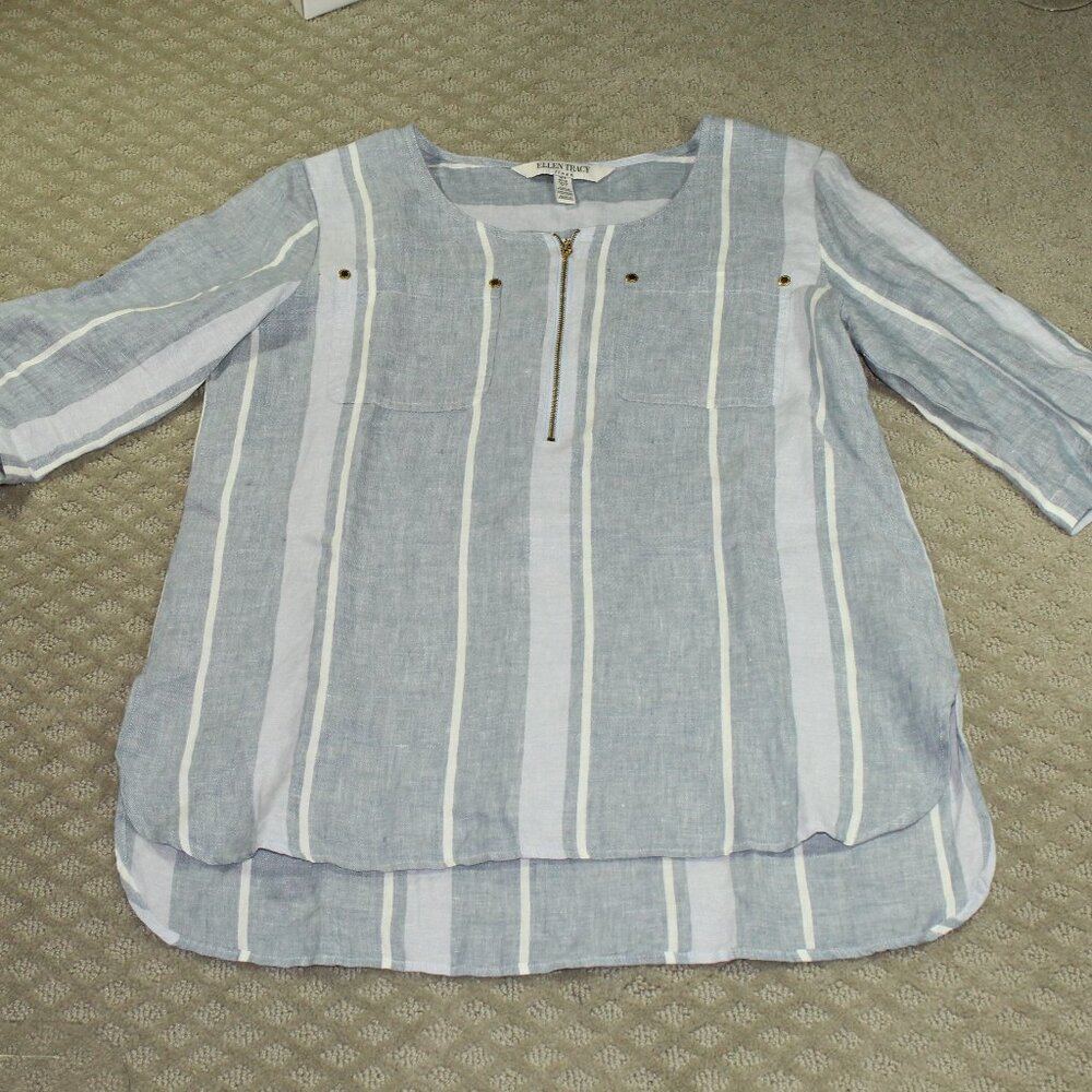 Ellen Tracy Blue Chambray Top Hi Low Hem Roll Tab Sleeves 100% Linen Size Small